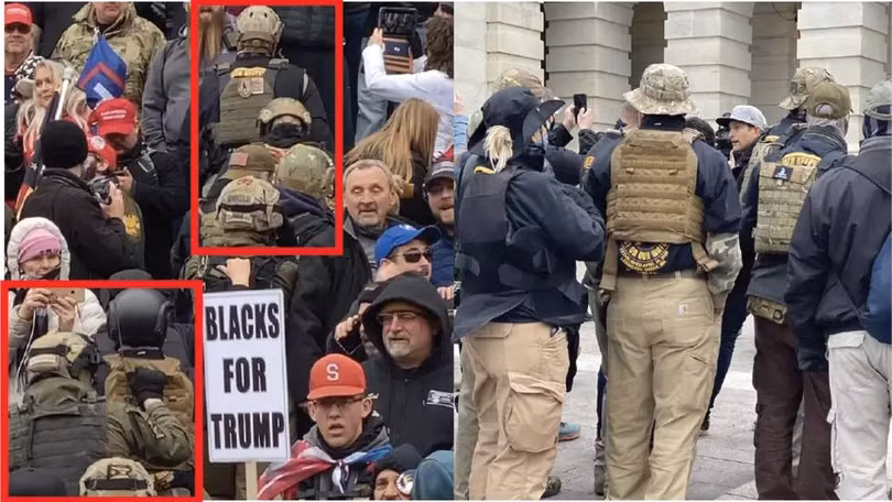 Các phần tử thuộc tổ chức dân quân cực hữu “Oath Keepers” tham gia tấn công nhà Quốc hội Mỹ hôm 6/1 bị chụp ảnh (Ảnh: The Paper). Các phần tử thuộc tổ chức dân quân cực hữu “Oath Keepers” tham gia tấn công nhà Quốc hội Mỹ hôm 6/1 bị chụp ảnh (Ảnh: The Paper).