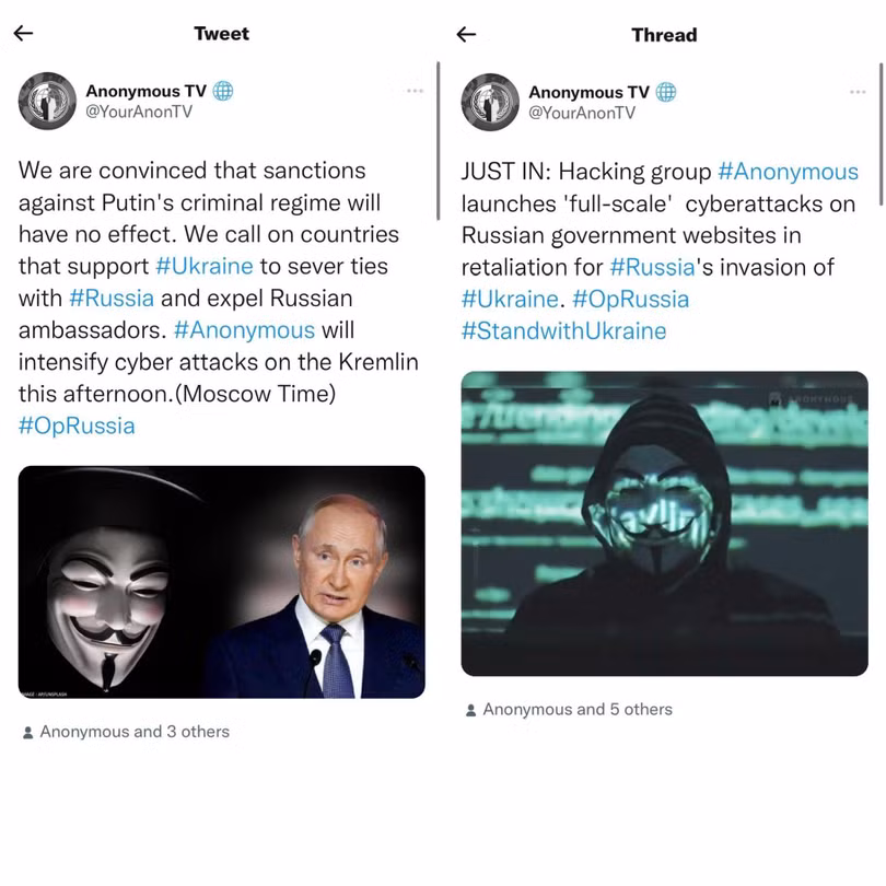 Một số bản tweet có nội dung chống Nga của nhóm Anonymous Một số bản tweet có nội dung chống Nga của nhóm Anonymous