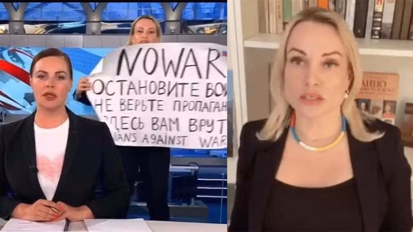 Marina Ovsyannikova (phải) và hình ảnh cô biểu tình trên sóng truyền hình trực tiếp tối 14/3 (Ảnh: Deutsche Welle).