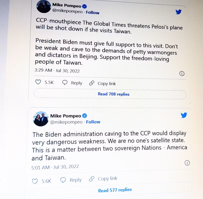 Hai bản tweet của cựu Ngoại trưởng Mỹ Mike Pompeo. Hai bản tweet của cựu Ngoại trưởng Mỹ Mike Pompeo.