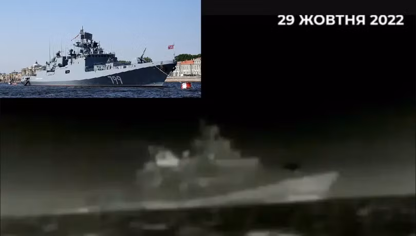 Tàu "Đô đốc Makarov" (góc trái bên trên) và hình ảnh mục tiêu tấn công của USV Ukraine được cho là tàu này.