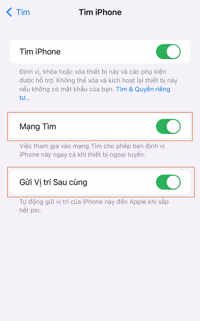 Tại đây, hãy bật tính năng Mạng tìm (Find My Network) và Gửi vị trí sau cùng (Send Last Location) Tính năng “thần thánh” giúp tìm lại iPhone bị mất ngay cả khi bị tắt nguồn và khôi phục cài đặt gốc - Ảnh 5.