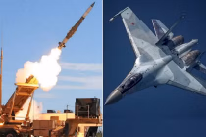 Hệ thống phóng tên lửa Patriot (bên trái) và máy bay chiến đấu Su-35. Ảnh: MW.
