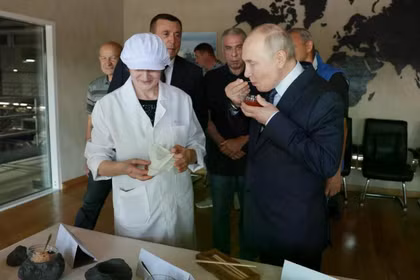 Tổng thống Nga Vladimir Putin nếm thử trứng cá muối trong chuyến thăm một khu phức hợp chế biến cá trên đảo Iturup thuộc quần đảo Kuril phía Nam vào ngày 13/8. Ảnh: Sputnik.