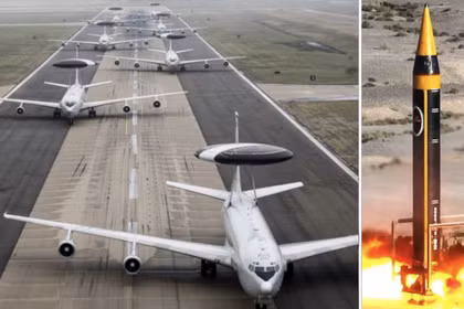 Máy bay E-3 AWACS của Mỹ và tên lửa Khorromshahr 4 của Iran. Ảnh: MW.
