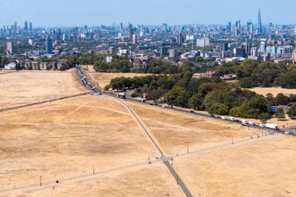 Hình ảnh từ trên cao cho thấy bãi cỏ bị héo úa do nắng nóng ở London, Anh, vào ngày 11/8. Ảnh: Getty.