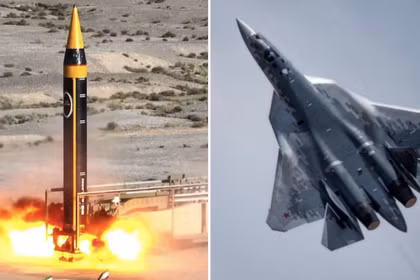Tên lửa đạn đạo Kheibar của Iran (bên trái) và máy bay chiến đấu Su-57. Ảnh: MW.