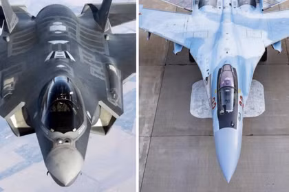Máy bay chiến đấu F-35 (bên trái) và Su-35. Ảnh: MW.