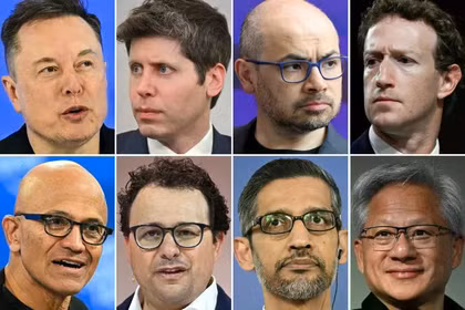 Từ trên xuống dưới, từ trái sang phải: Elon Musk của xAI và Tesla, CEO của OpenAI Sam Altman, đồng sáng lập kiêm chủ tịch của DeepMind Demis Hassabis, CEO của Meta Mark Zuckerberg, CEO của Microsoft Satya Nadella, CEO của Anthropic Dario Amodei, CEO của Google Sundar Pichai và CEO của Nvidia Jensen Huang. Ảnh: AFP.
