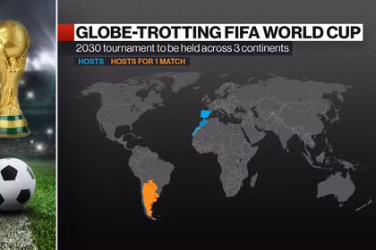 World Cup 2030 sẽ được tổ chức tại 6 quốc gia thuộc 3 châu lục để kỷ niệm 100 năm giải đấu. Ảnh: Bloomberg.