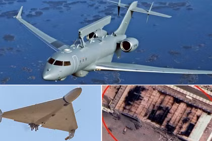 Máy bay cảnh báo sớm GlobalEye, UAV Shahed 136, và khung cảnh tan hoang tại Căn cứ Không quân Al Dhafra. Ảnh: MW.
