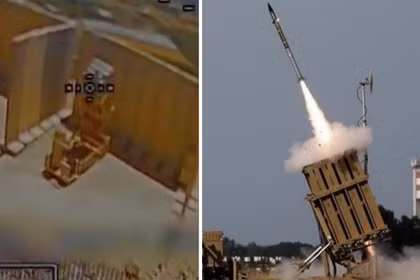 Khoảnh khắc trước khi máy bay không người lái của Hezbollah tấn công hệ thống phòng thủ Iron Dome (bên trái) và cảnh phóng của Iron Dome. Ảnh: MW.