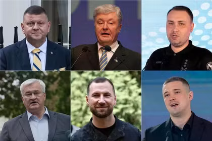 Từ trái, hàng trên: Cựu tướng Ukraine Valery Zaluzhny, cựu Tổng thống Petro Poroshenko và cựu sĩ quan tình báo quân sự Kyrylo Budanov. Hàng dưới, từ trái sang: Bộ trưởng Ngoại giao Andrii Sybiha, Bộ trưởng Quốc phòng Yevhenii Khmara và Mykhailo Fedorov, cựu Bộ trưởng Quốc phòng. Ảnh: AJ/Getty.