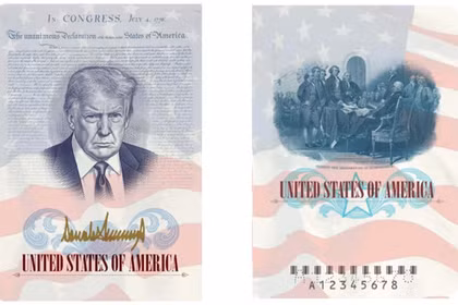 Một tấm hộ chiếu Mỹ có ảnh Tổng thống Donald Trump ở mặt trong. Ảnh: Bộ Ngoại giao Mỹ.