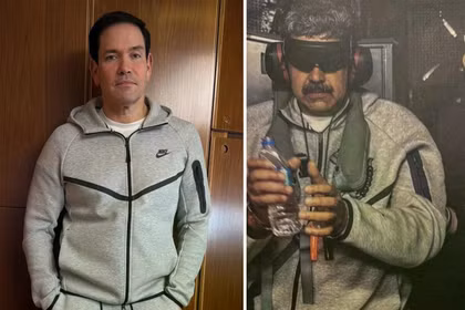 Ngoại trưởng Mỹ Marco Rubio (trái) mặc bộ đồ thể thao màu xám của Nike, bộ đồ đã trở nên nổi tiếng sau vụ bắt cóc cựu lãnh đạo Venezuela Nicolas Maduro (phải) bởi quân đội Mỹ hồi tháng 1. Ảnh: SCMP.
