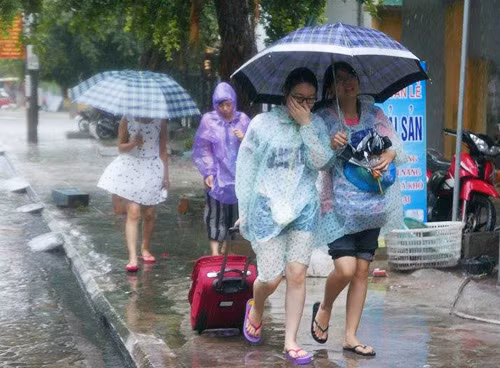 Trên đường phố, thỉnh thoảng lại có đoàn du khách đội mưa đi tìm quán ăn. 