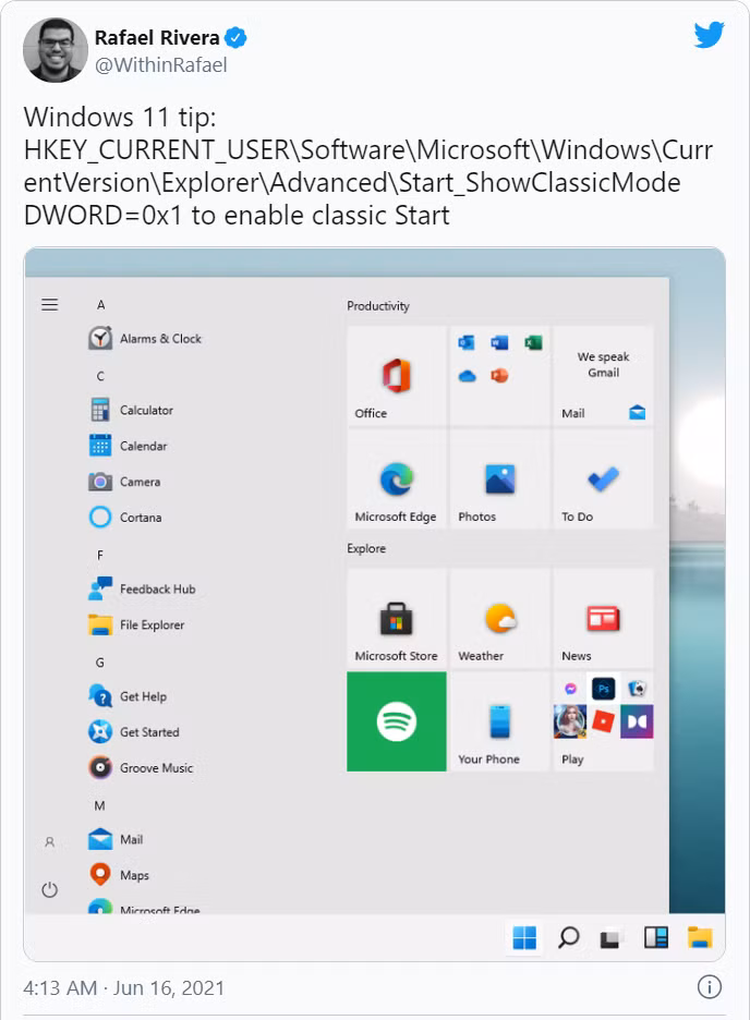 Bài viết trên Twitter chia sẻ cách chuyển giao diện Start Menu về Windows 10 (Ảnh: Twitter)