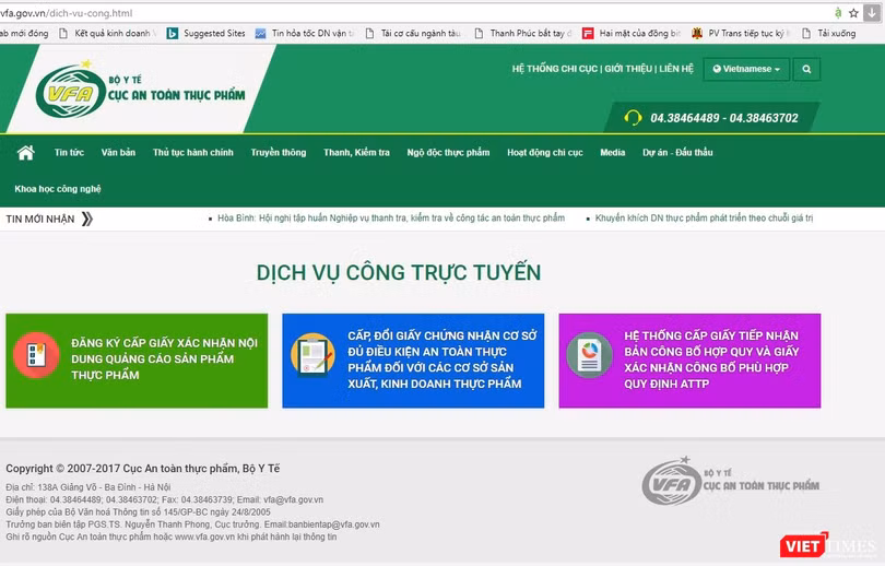 Cổng dịch vụ công trực tuyến của Cục ATTP. 
