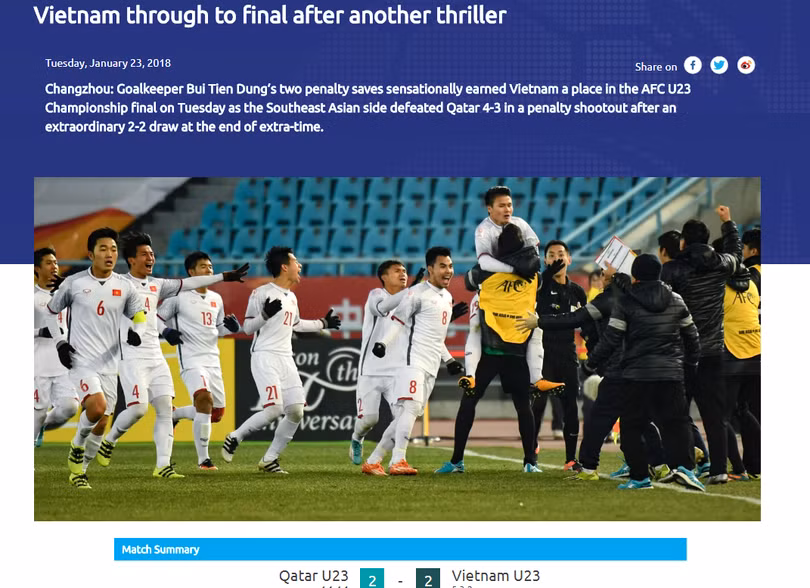 AFC đưa tin về chiến thắng của U23 Việt Nam. Ảnh: AFC