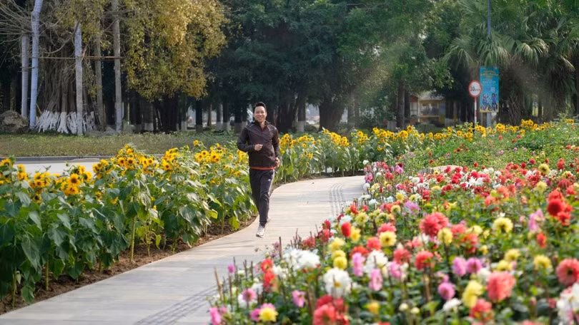 Anh Thành chạy giữa đường hoa đua nhau khoe sắc ở Ecopark. Ảnh: NVCC