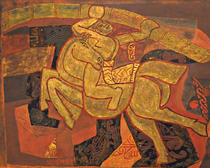 Bức tranh Gióng (1990) của tác giả Nguyễn Tư Nghiêm (1922 - 2016), chất liệu sơn mài, kích thước 90 x 120,3 cm. Ảnh: Kiều Dương