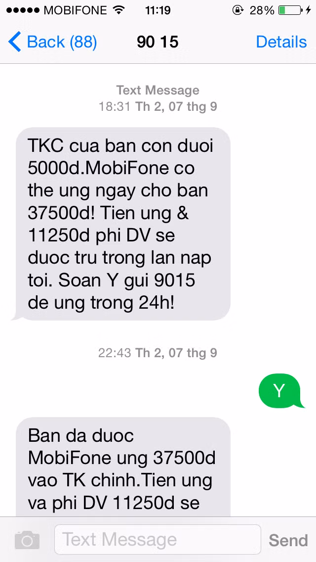 Tin nhắn đề nghị cho ứng 37.500đ và phí dịch vụ phải trả là 11.250 đồng - Ảnh chụp màn hình Tin nhắn đề nghị cho ứng 37.500đ và phí dịch vụ phải trả là 11.250 đồng - Ảnh chụp màn hình