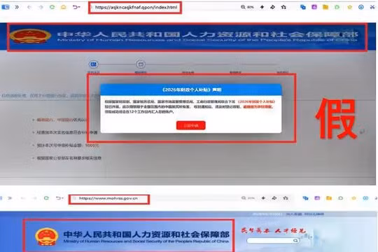 Trang web thật của Bộ Nhân lực và An sinh xã hội (dưới) và trang giả mạo (trên). Ảnh: Sohu.