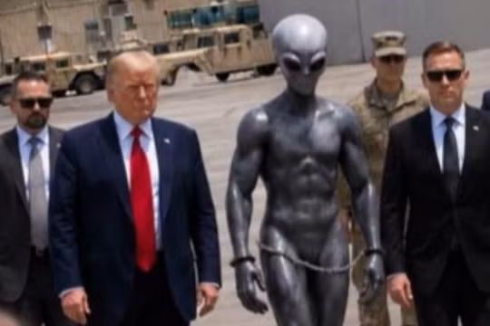 Bức ảnh AI ông Trump dẫn giải người ngoài hành tinh bị bắt. Ảnh: Truth Social.