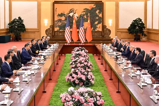 Hội đàm Trung - Mỹ giữa hai phái đoàn do hai nhà lãnh đạo Tập Cận Bình và Donald Trump dẫn đầu hôm 14/5. Ảnh: Xinhua.