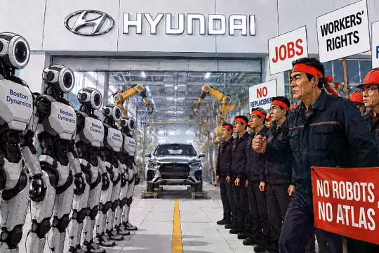 Công nhân hãng Hyundai đình công phản đối đưa robot Atlas vào nhà máy. Ảnh do Gemini tạo.