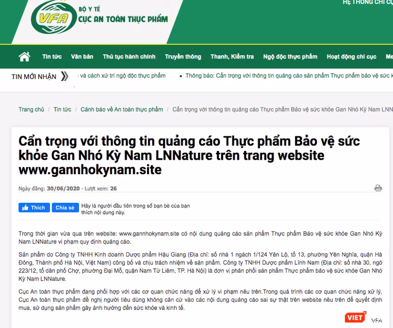 Cục An toàn thực phẩm khuyến cáo người tiêu dùng cẩn trọng với thông tin quảng cáo thực phẩm bảo vệ sức khỏe Gan Nhó Kỳ Nam LNNature (Ảnh: Minh Thúy) 
