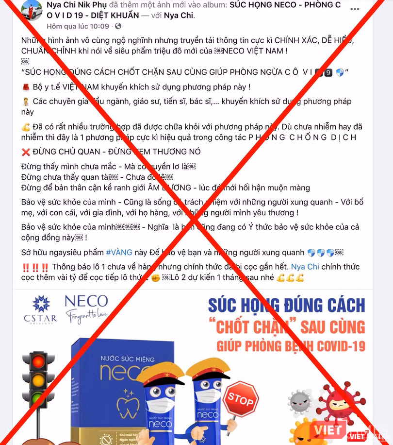 Bài đăng quảng cáo sản phẩm súc họng Neco chặn COVID-19 trên FB N.C.N.P. (Ảnh - VT)