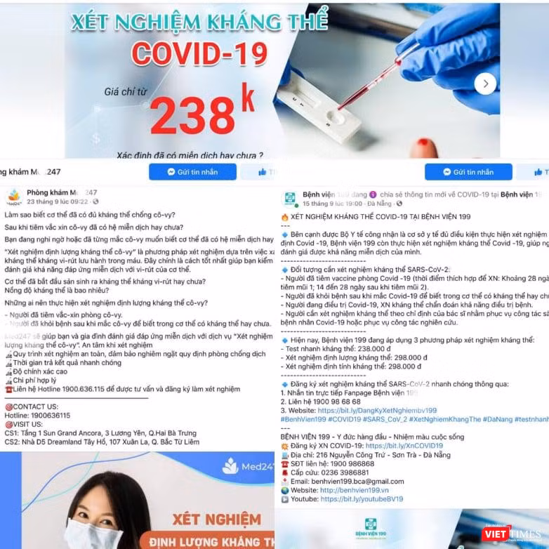 Hàng loạt trang Faacebook của các phòng khám, bệnh viện quảng cáo xét nghiệm kháng thể COVID-19 (Ảnh - MT) 