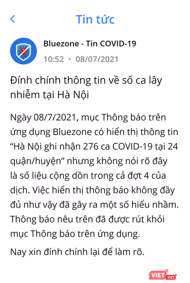 Bluezone đính chính thông tin về số ca lây nhiễm tại Hà Nội (Ảnh - VT) Bluezone đính chính thông tin về số ca lây nhiễm tại Hà Nội (Ảnh - VT)