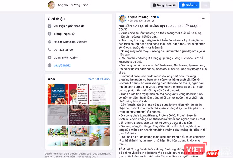 Bài viết về địa long được Angela Phương Trinh đăng tải trên Fanpage có hơn 2,2 triệu người theo dõi (Ảnh - VT) Bài viết về địa long được Angela Phương Trinh đăng tải trên Fanpage có hơn 2,2 triệu người theo dõi (Ảnh - VT)