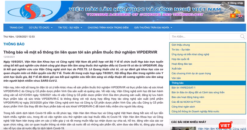 Thông báo về một số thông tin liên quan tới sản phẩm thuốc thử nghiệm VIPDERVIR của Viện Hàn lâm Khoa học và Công nghệ Việt Nam (Ảnh - VT) 