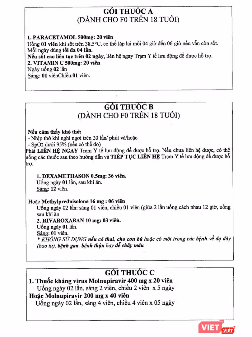3 gói thuốc A,B,C dành cho F0 điều trị tại nhà (Ảnh - Minh Thuý)