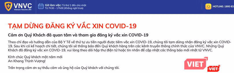 VNVC thông báo tạm dừng đăng ký vaccine COVID-19 (Ảnh - MT) VNVC thông báo tạm dừng đăng ký vaccine COVID-19 (Ảnh - MT)