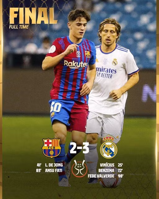 Chân sút dự bị Federico Valverde ghi bàn quyết định giúp Real Madrid đánh bại Barca với tỷ số 3-2 để tiến vào trận chung kết. Ảnh AP. Chân sút dự bị Federico Valverde ghi bàn quyết định giúp Real Madrid đánh bại Barca với tỷ số 3-2 để tiến vào trận chung kết. Ảnh AP.
